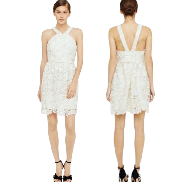 CLUB MONACO "Doina" Cream & Gold  Lace Halter Dress - Size 10 - Picture 2 of 15